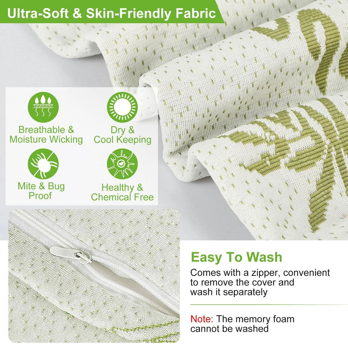 A close-up of a memory foam pillow with a breathable fabric cover showing features like mite proofing and easy washing.