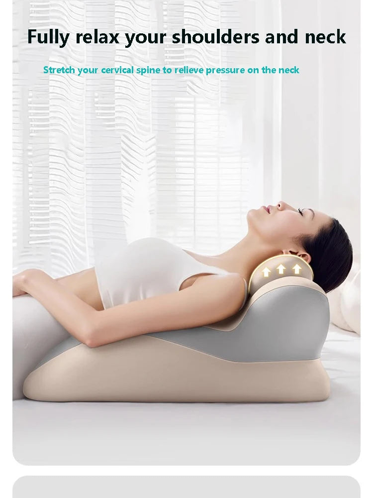 A person is relaxing on a beige ergonomic memory foam wedge pillow designed for neck and shoulder support.