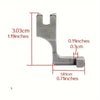 A silver industrial steel presser foot with an invisible zipper, shown in a side view with dimensions.