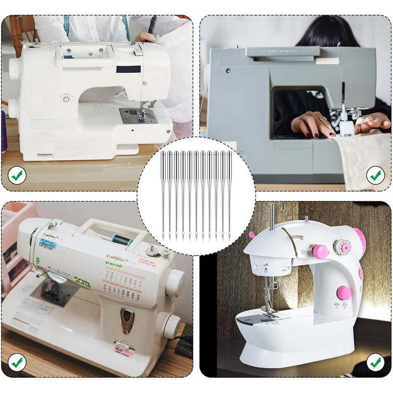 A collection of various sewing machine needles shown in different contexts and on a sewing machine.