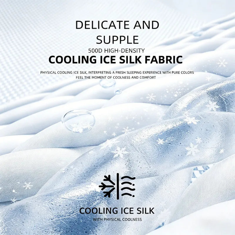 Close-up of a silky fabric sheet with snowflake patterns, emphasizing cooling and comfort.