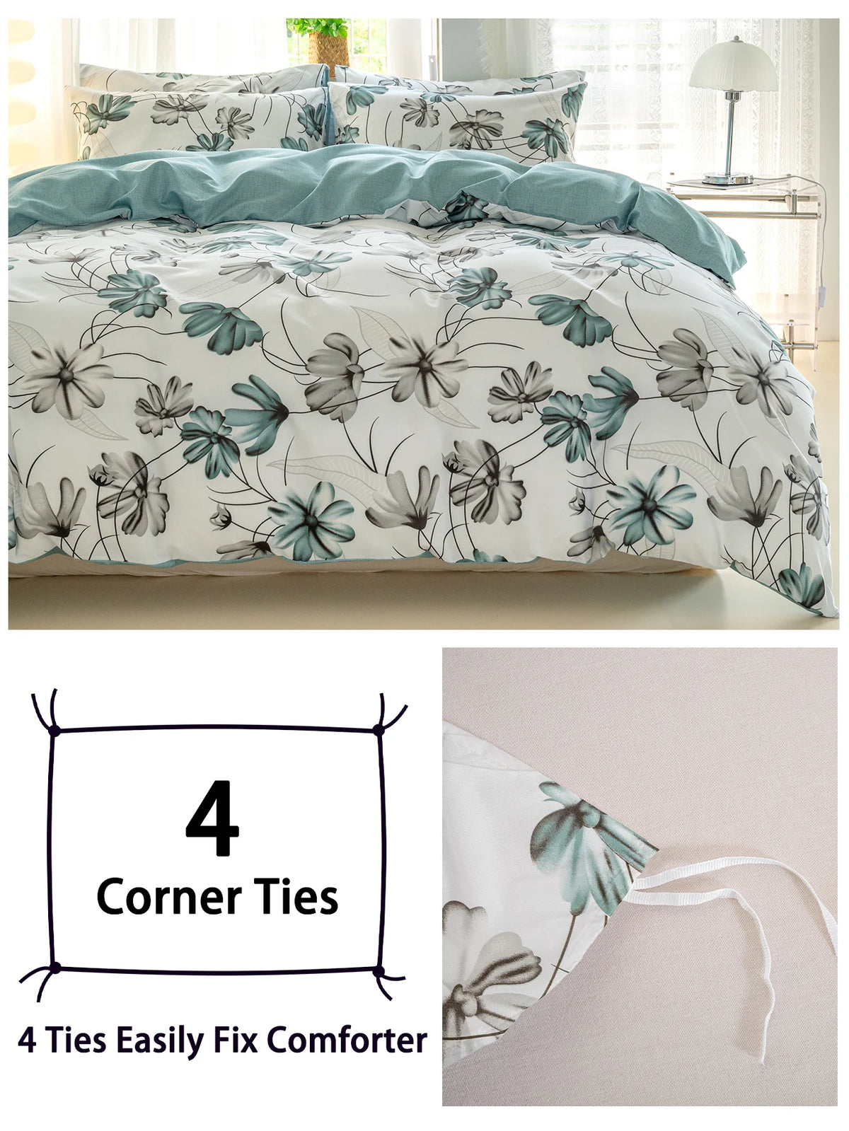 A white duvet cover featuring a watercolor floral pattern in teal and grey, shown on a bed.