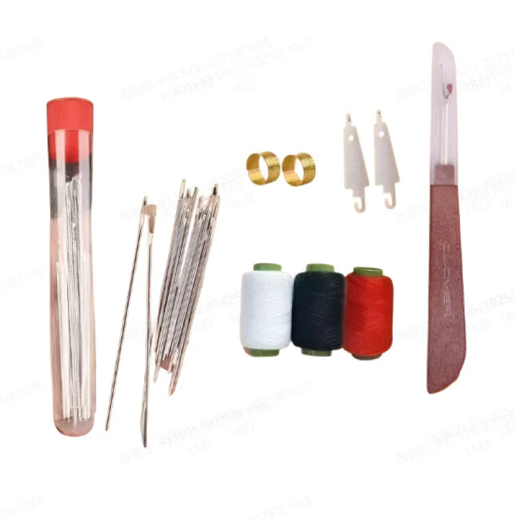 Precision hand sewing kit showing various steel needles, thread, and a sewing tool.