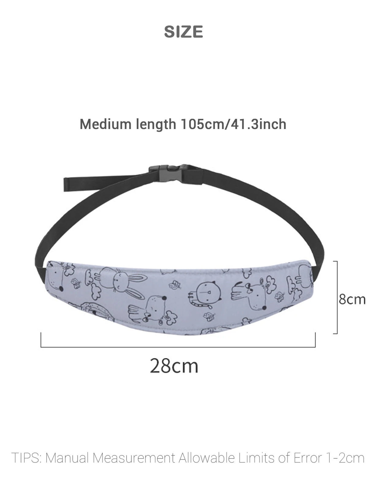 A gray patterned baby car seat head support pillow shown with dimensions of 105cm length and 28cm width.