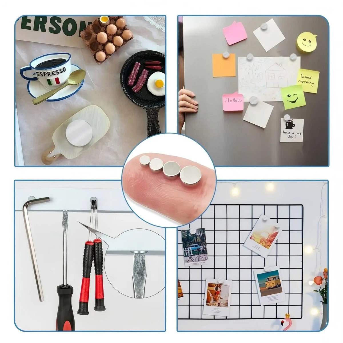 A collection of various magnetic fridge magnets and organization tools including a coffee cup, food items, sticky notes, and 