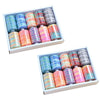 A box containing ten colors of bulk rainbow sewing thread spools arranged in rows.