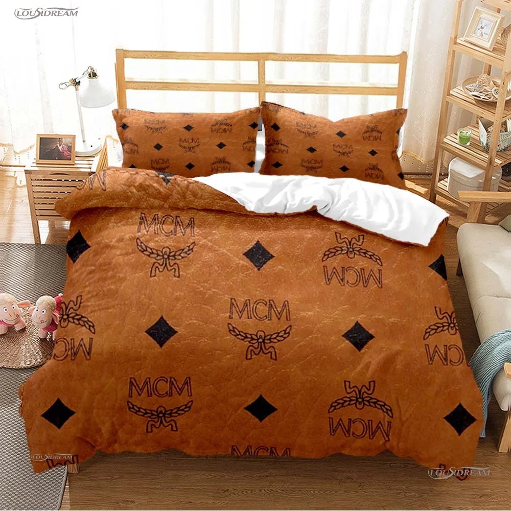 A brown luxury all-season duvet cover set with patterned pillows and a white duvet on a wooden bed.