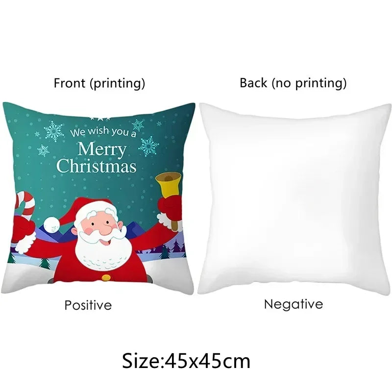 Two decorative pillow covers showing the front with Christmas greeting and the back blank.