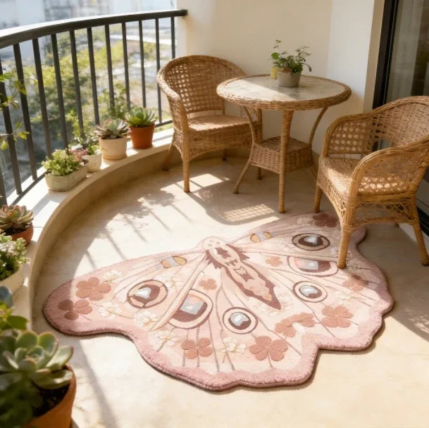 A round, irregular shaped plush floor rug in pink and beige tones sits on a light-colored floor near wicker chairs and a balc