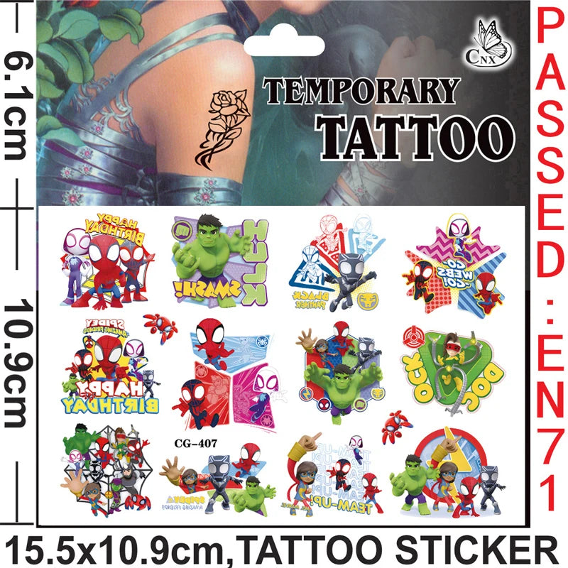 A pack of temporary tattoos featuring Spider-Man and his friends characters on a sticker sheet.