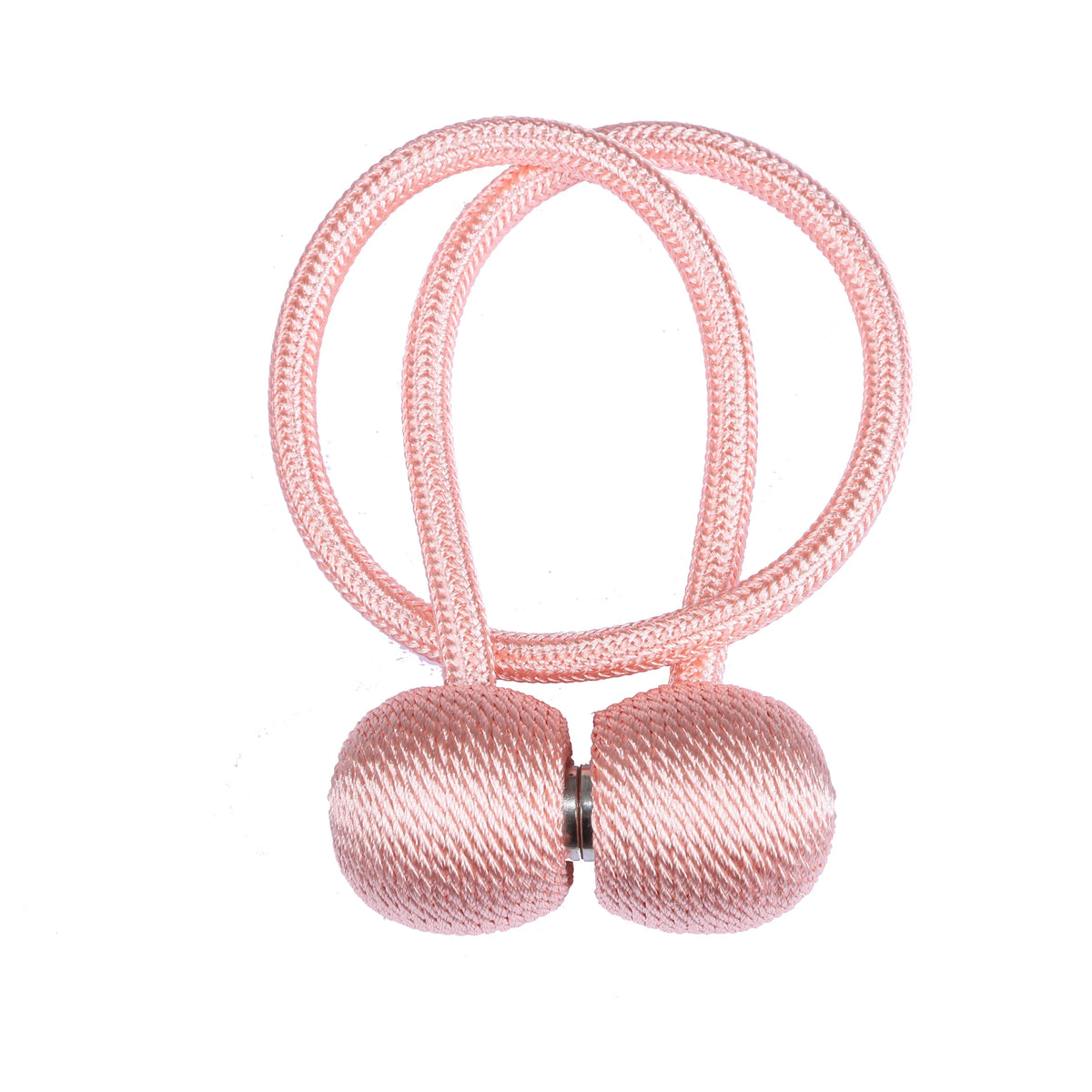 Pink magnetic curtain tiebacks made of pink cord with spherical ends