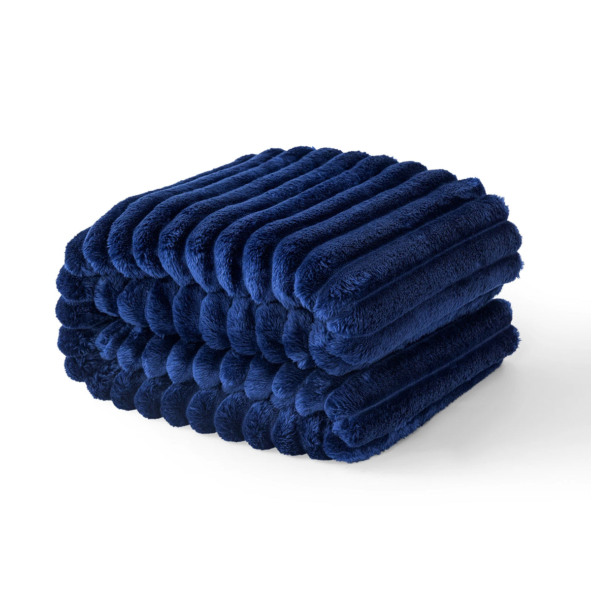 A stack of dark blue striped flannel throw blankets folded neatly.