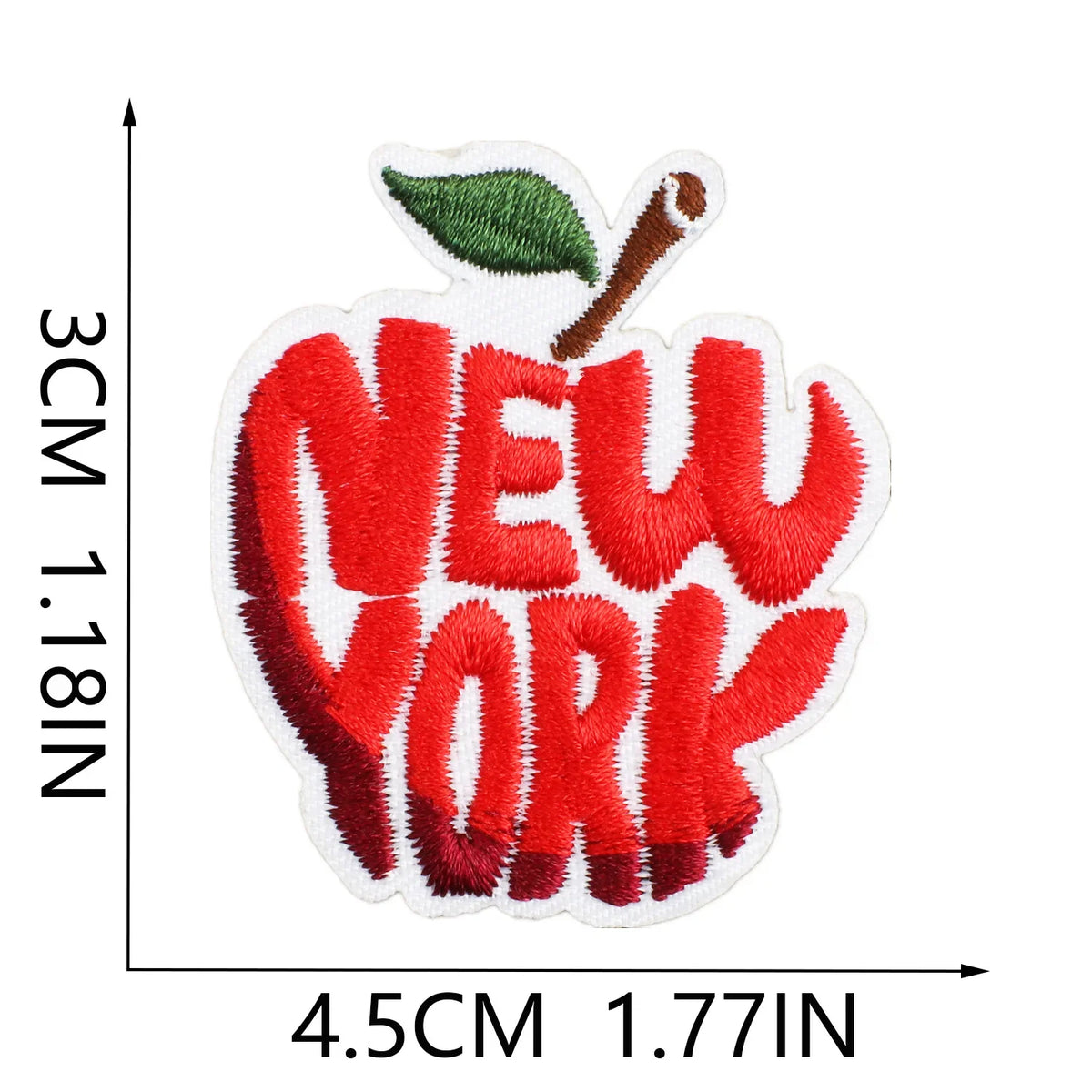 Red embroidered patch of an apple with a leaf and the text NEW YORK