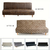 Before and after comparison of a brown leather sofa cover transformation.