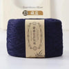 A skein of dark indigo bamboo fiber yarn labeled as Bamboo fiber for crafting.