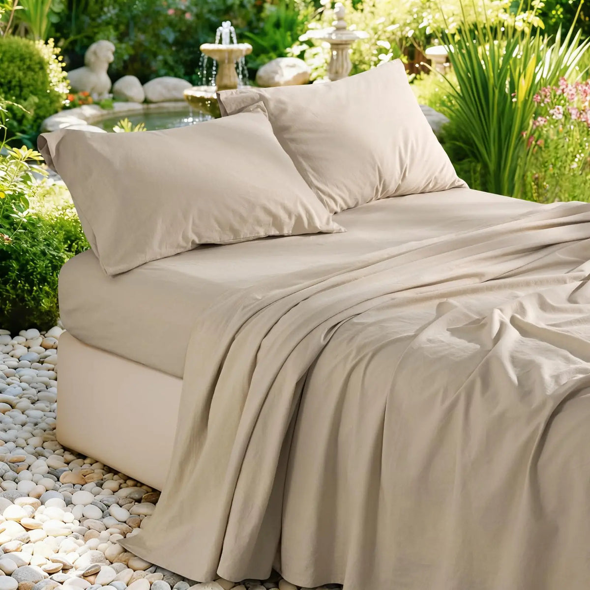 A beige pure French linen bed sheet draped over a bed in a lush garden setting.
