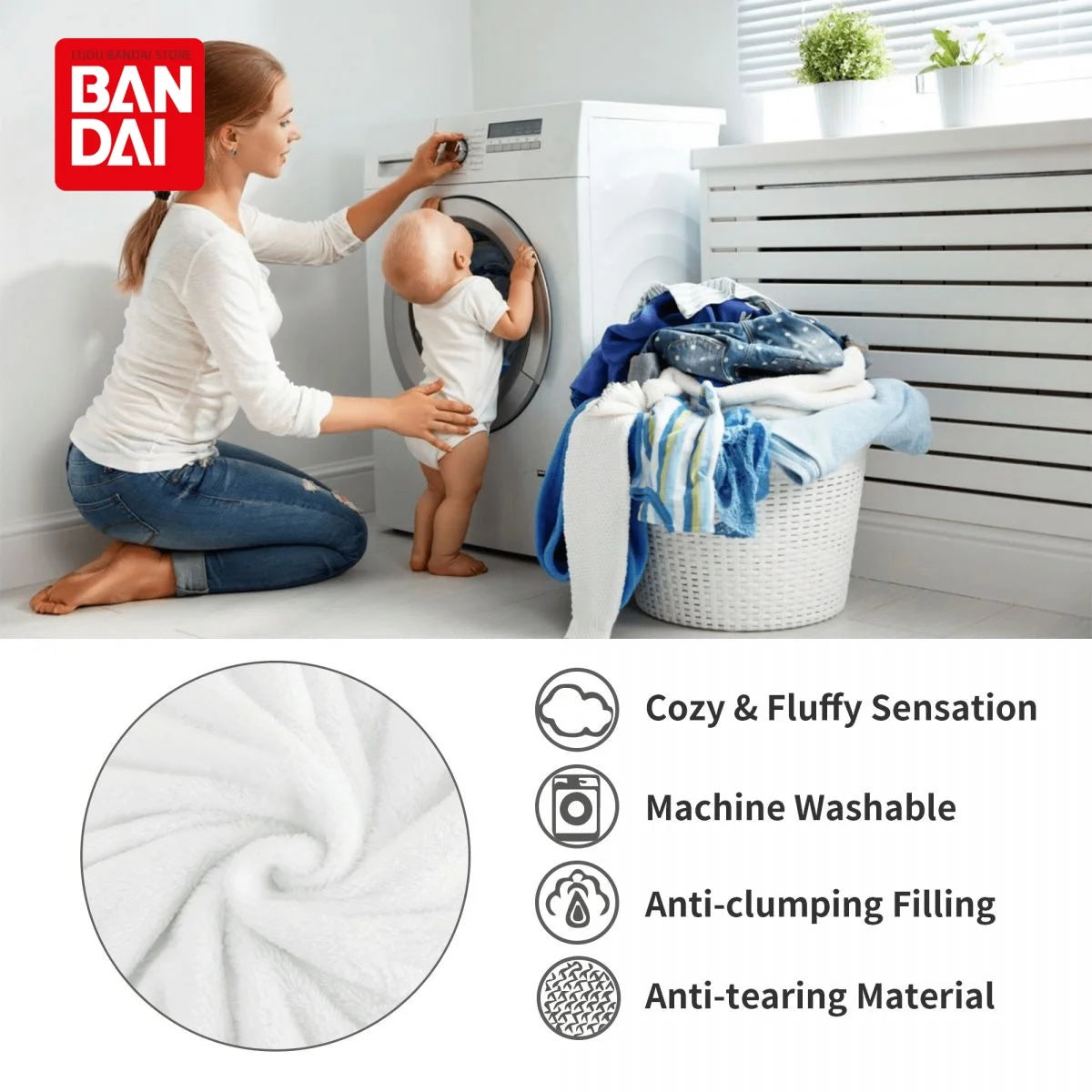 A woman is shown sitting next to a washing machine with a baby, demonstrating the flannel throw blanket.
