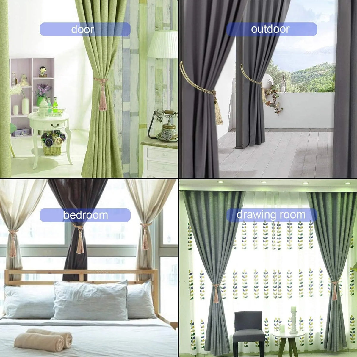 Three different styles of elegant curtains shown in a door, outdoor, and bedroom setting.