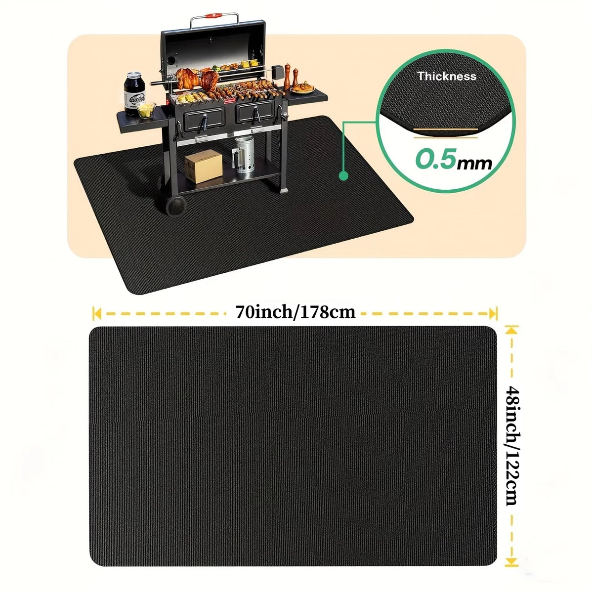 A black heavy-duty double-sided grill mat is shown with a cooking setup and its thickness measured at 0.5mm.
