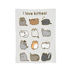 A white blanket featuring illustrations of various cats with the text I love kitties!