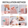 Six steps showing the installation method of reusable quilt and fabric fixer clips in pink.