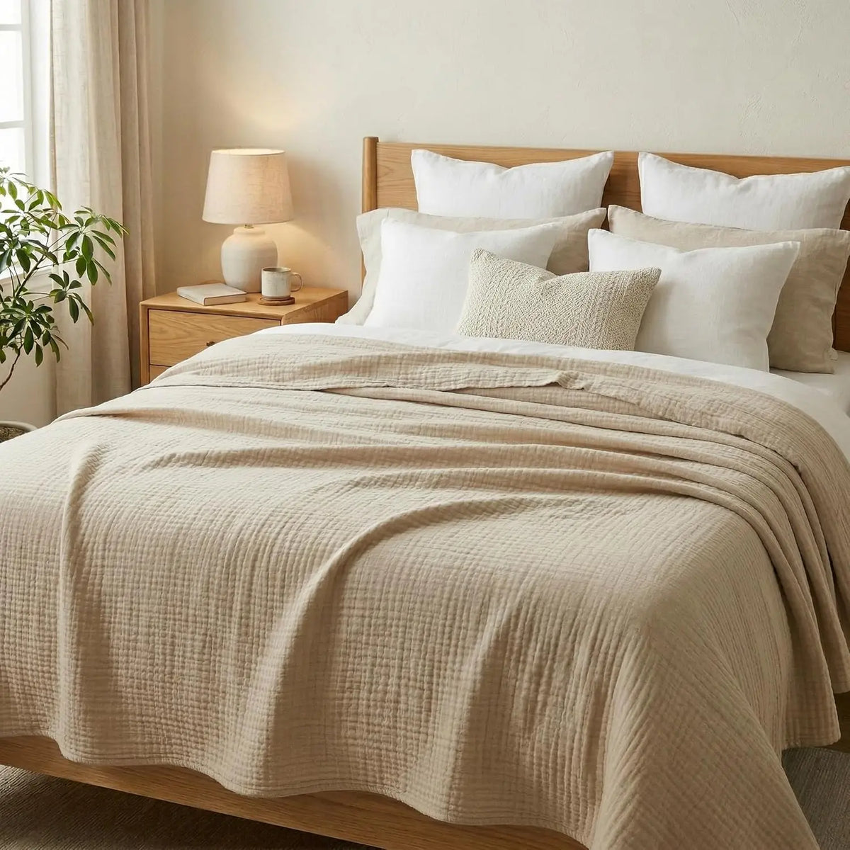A beige linen blanket is draped over a bed with white pillows and wooden bedside table.