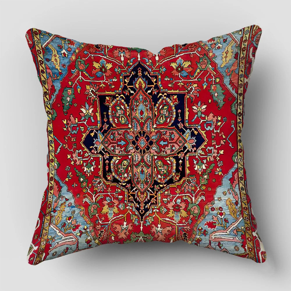 A square decorative cushion cover featuring a vibrant red background with intricate blue, gold, and green Persian patterns.