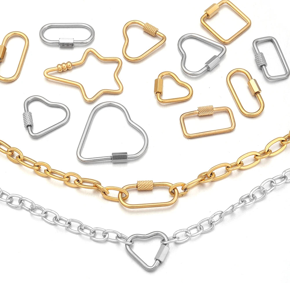Various gold and silver heart-shaped screw lock carabiner clasps for jewelry making