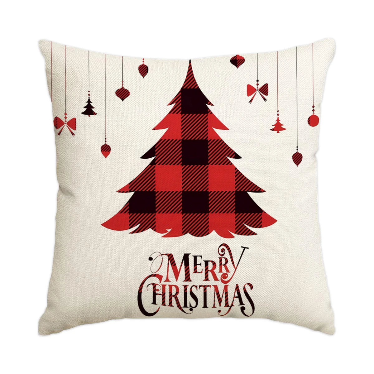 A festive red and black plaid Christmas tree design on a cream pillow with hanging ornaments.
