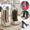 A beige portable boot storage bag with a carry handle, shown alongside various types of boots.