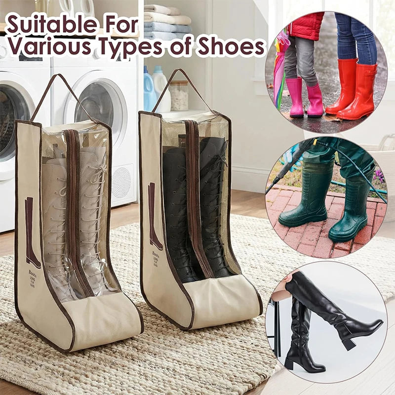 A beige portable boot storage bag with a carry handle, shown alongside various types of boots.