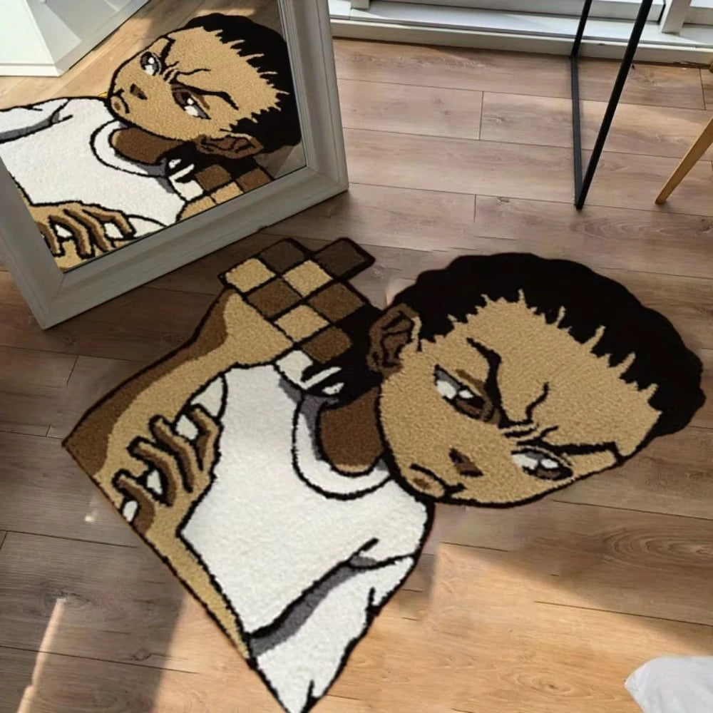 A beige and black cartoon character shaped rug featuring a fierce-looking figure.