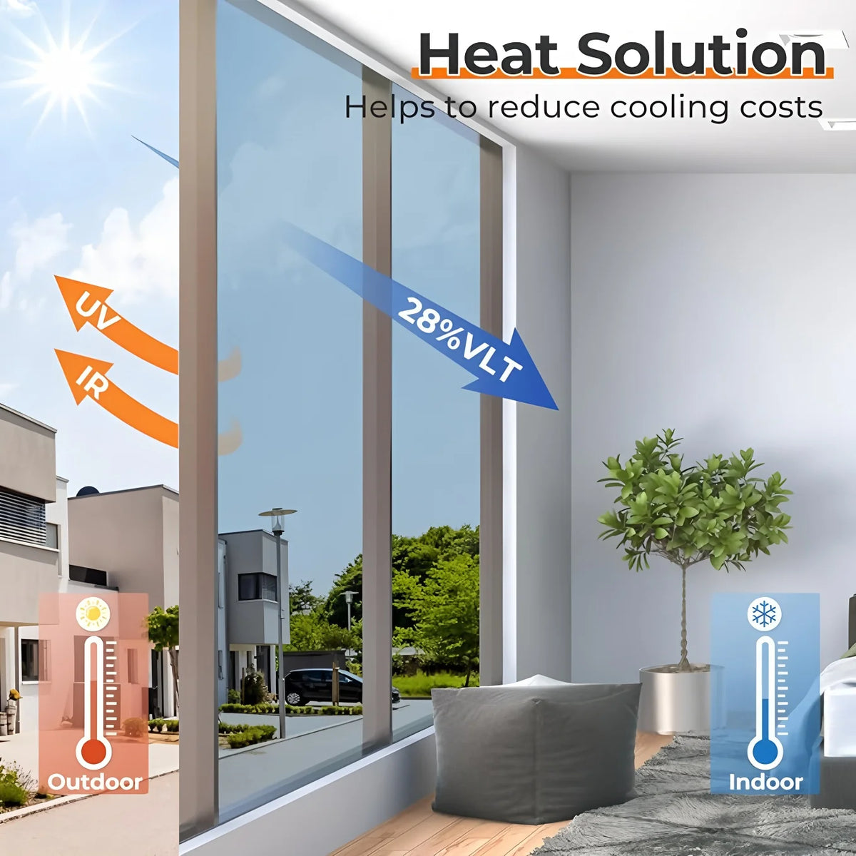 A window showing sunlight and an outdoor scene, illustrating heat solution benefits for reducing cooling costs.