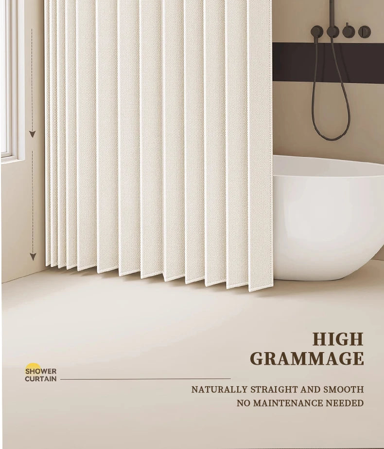 A close-up of a beige shower curtain with vertical pleats shown next to a white bathtub and a shower rod.