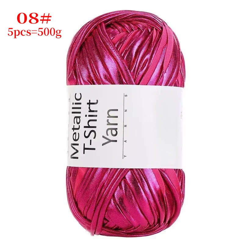 A skein of metallic pink T-shirt yarn for crochet and DIY crafts
