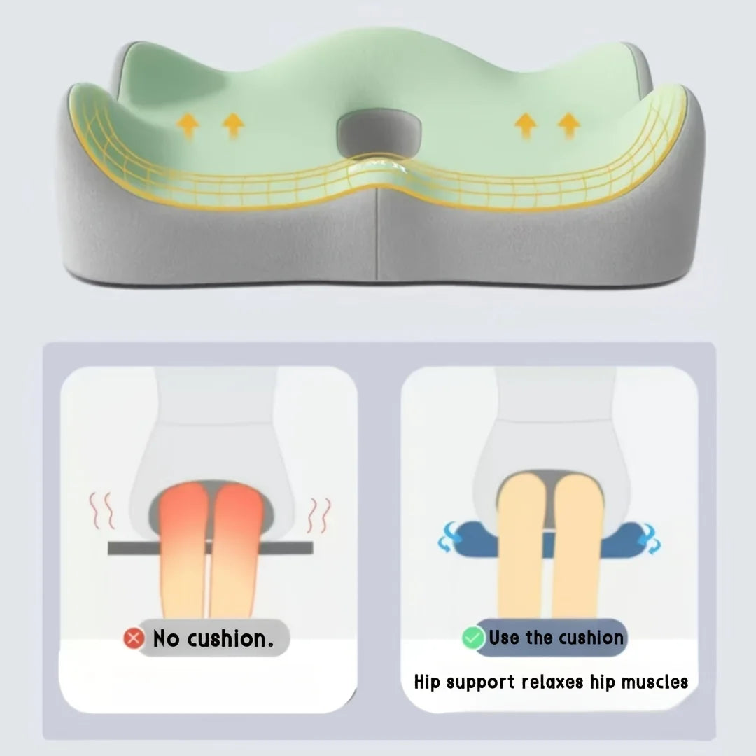 Ergonomic memory foam seat cushion showing how it provides hip support and relaxes muscles.