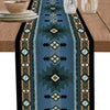 A dark blue and olive green bohemian linen table runner with an Indian-inspired geometric pattern.