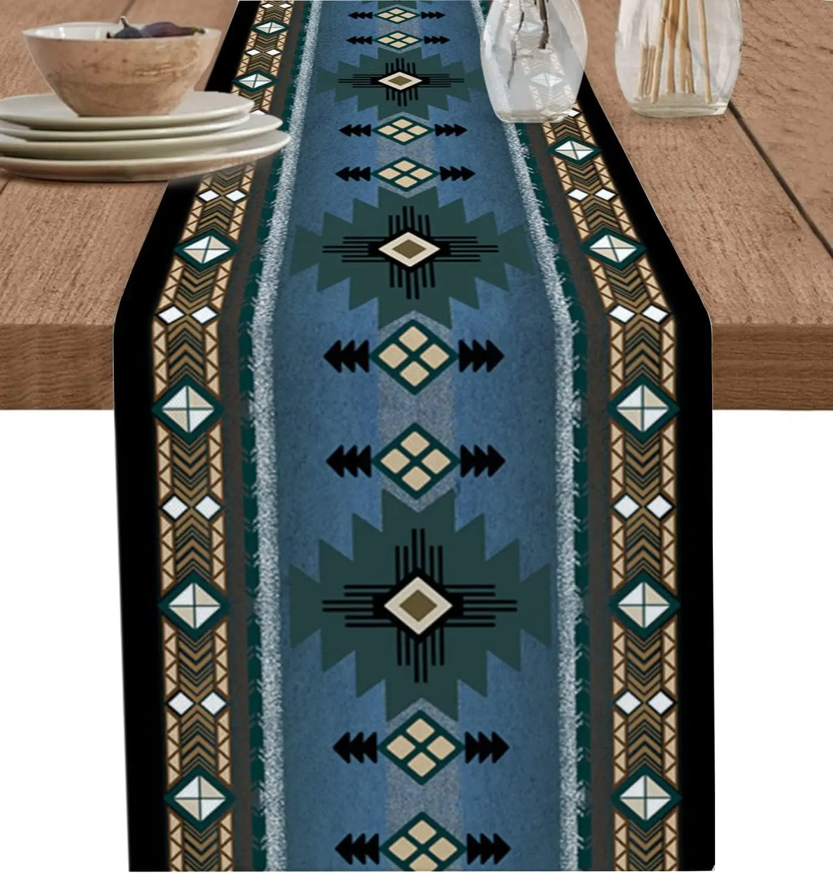 A dark blue and olive green bohemian linen table runner with an Indian-inspired geometric pattern.