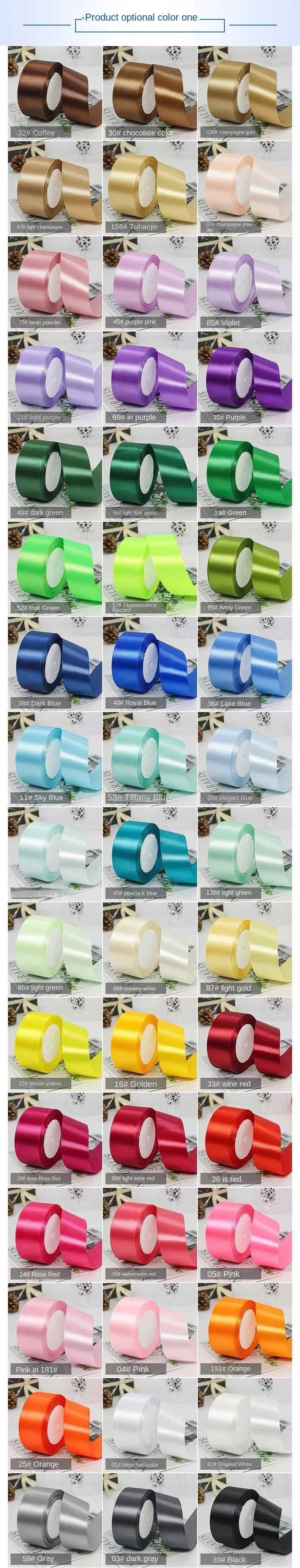 A collection of satin craft ribbons in various colors including beige, gold, pink, green, and brown rolled for decorative tri