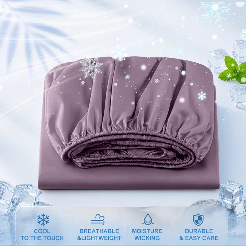 A purple cooling fitted sheet folded on a white surface with ice crystals and snowflake graphics.