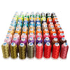 A collection of high tenacity machine embroidery thread in 80 different colors arranged in a row.