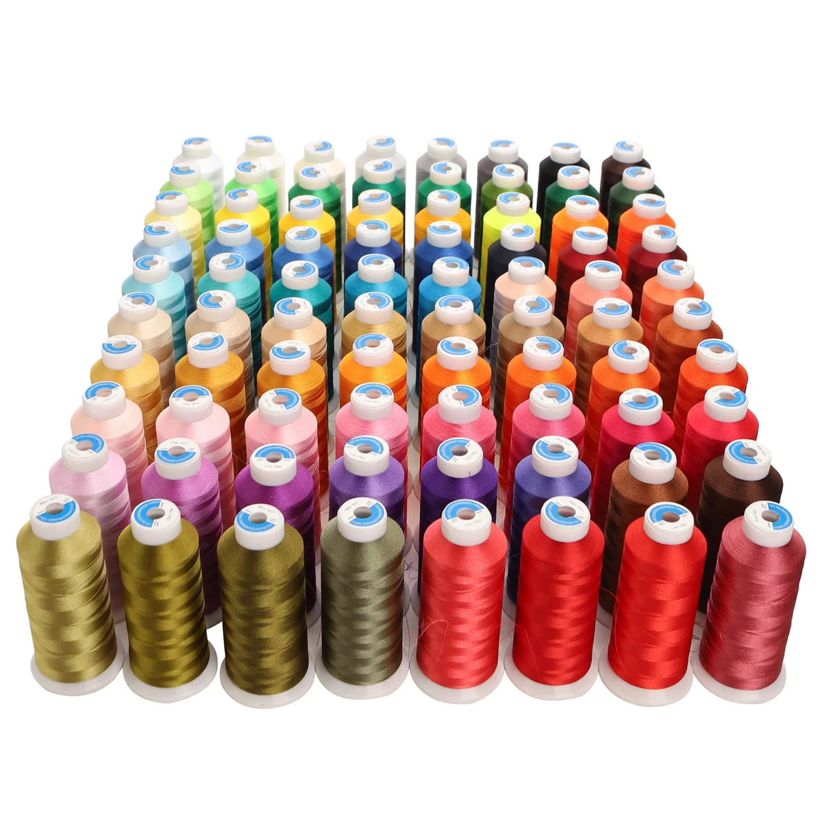 A collection of high tenacity machine embroidery thread in 80 different colors arranged in a row.