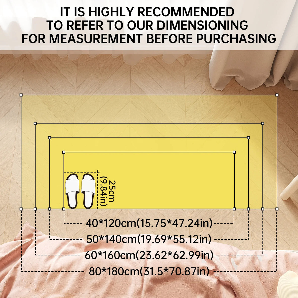 Diagram showing various dimensions for a non-slip absorbent floor mat, including sizes from 40x120cm to 80x180cm.