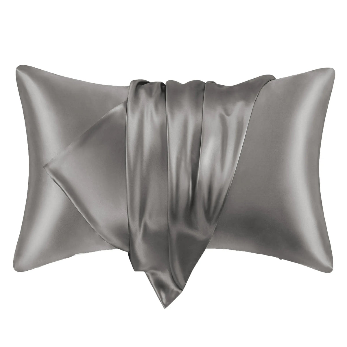 A pair of smooth, gray satin pillowcases folded and displayed against a white background.