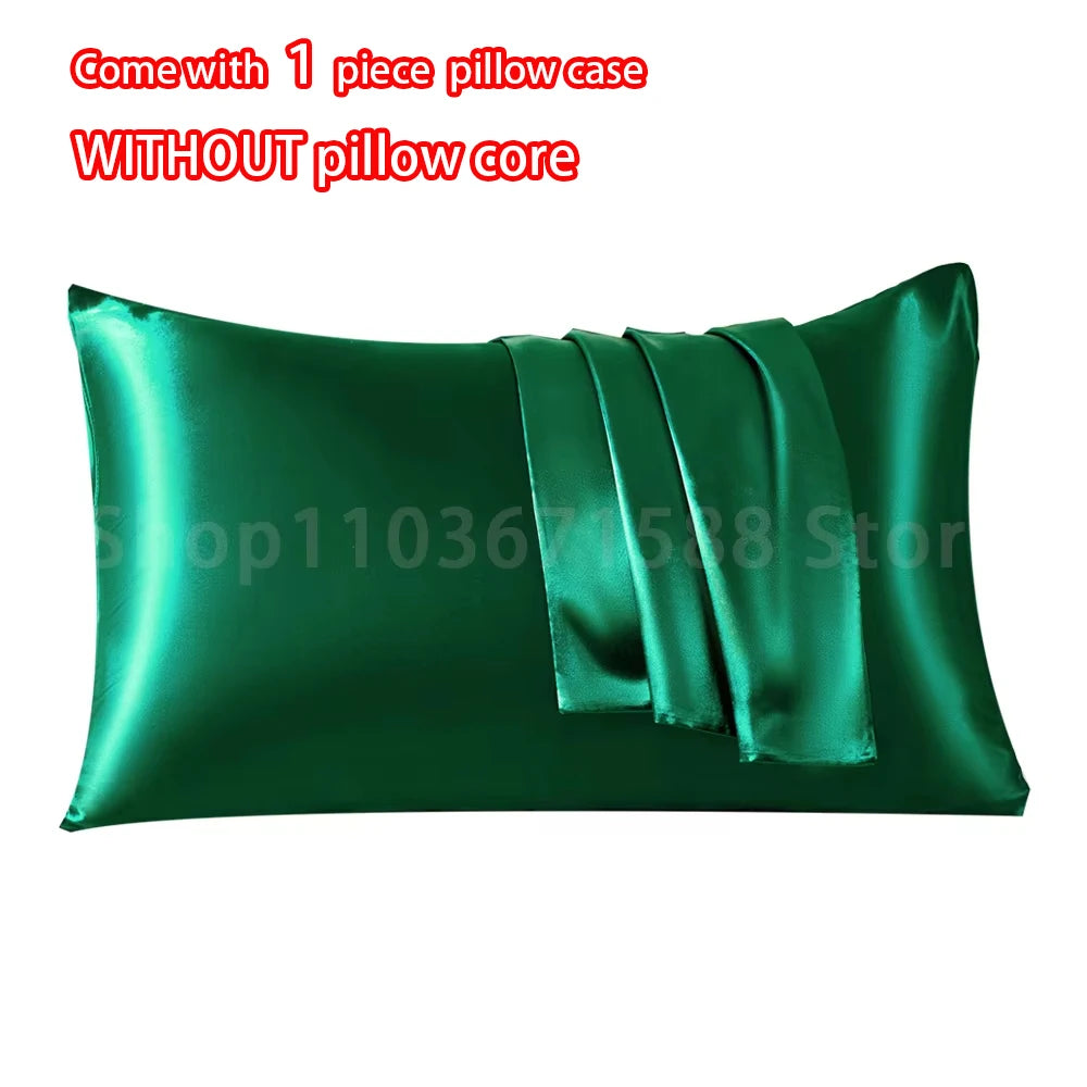 A dark emerald green satin pillowcase with an envelope closure, shown flat.