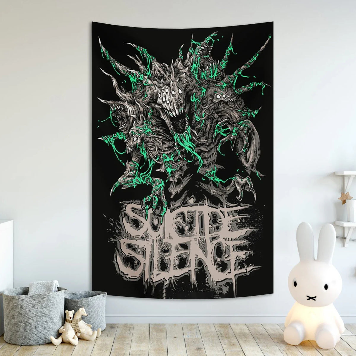 A black tapestry featuring a highly detailed, dark metal band illustration with spiky green accents.