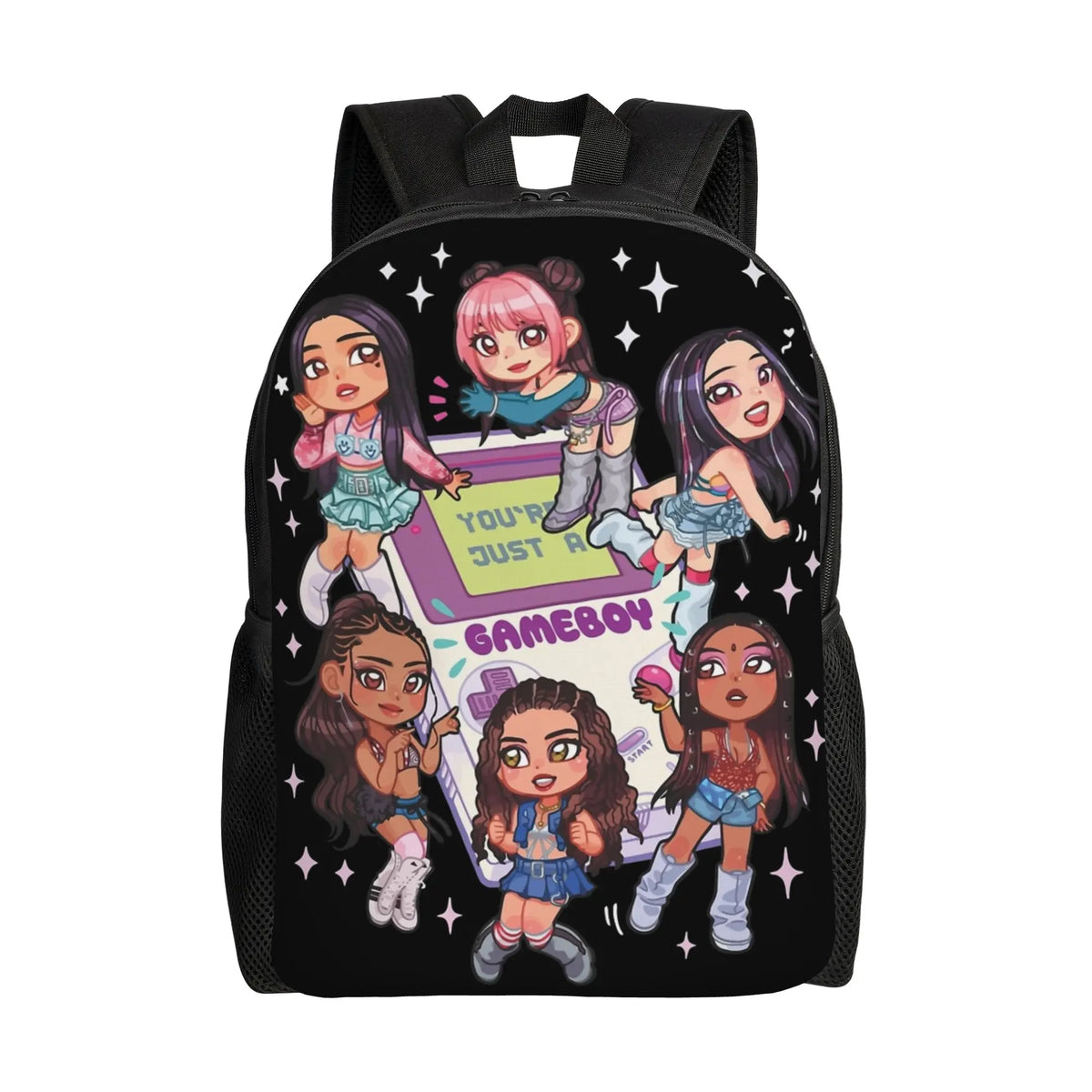 A black canvas backpack featuring illustrations of several anime-style girls.