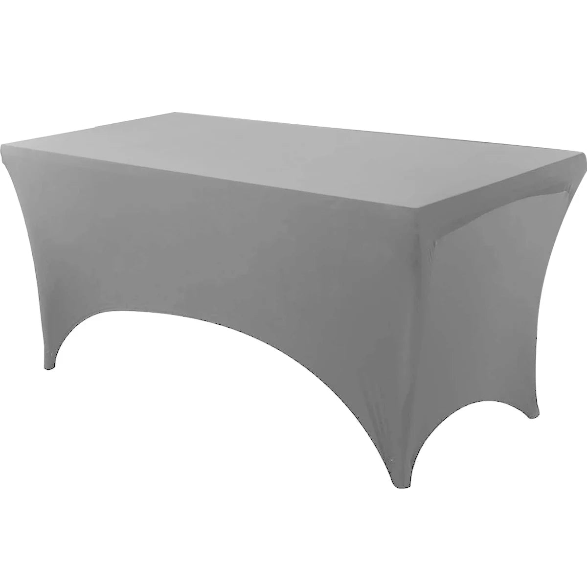 A gray stretch tablecloth set for dining and event decor.