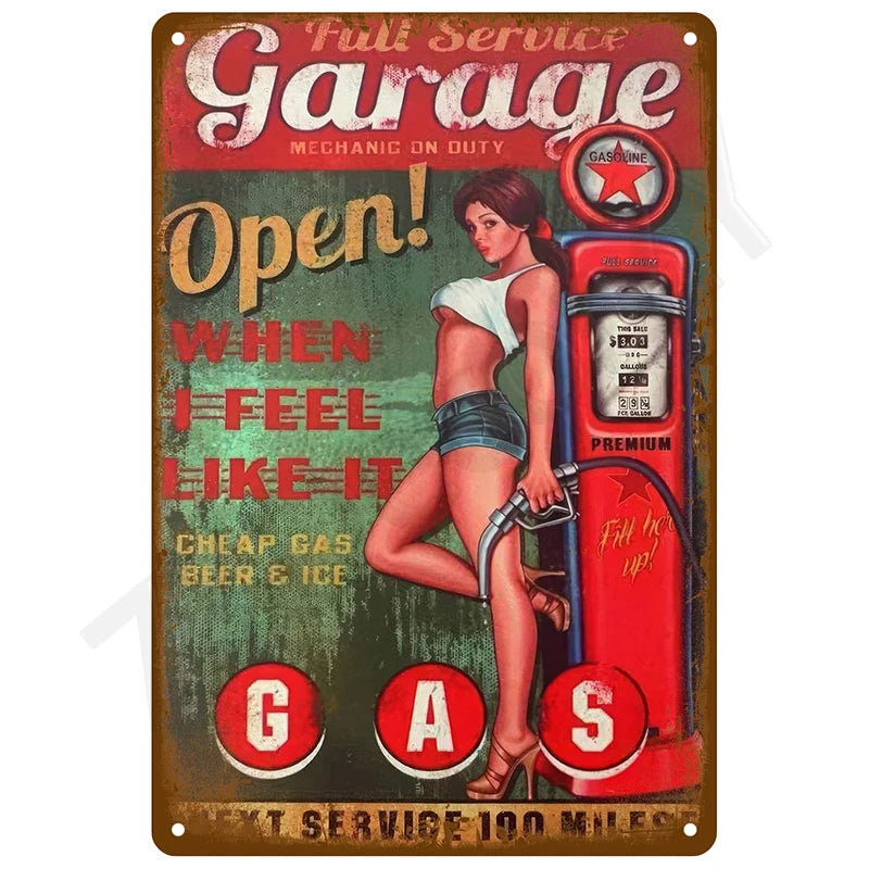 Vintage metal sign for a garage featuring text like Full Service Garage Open and various services.