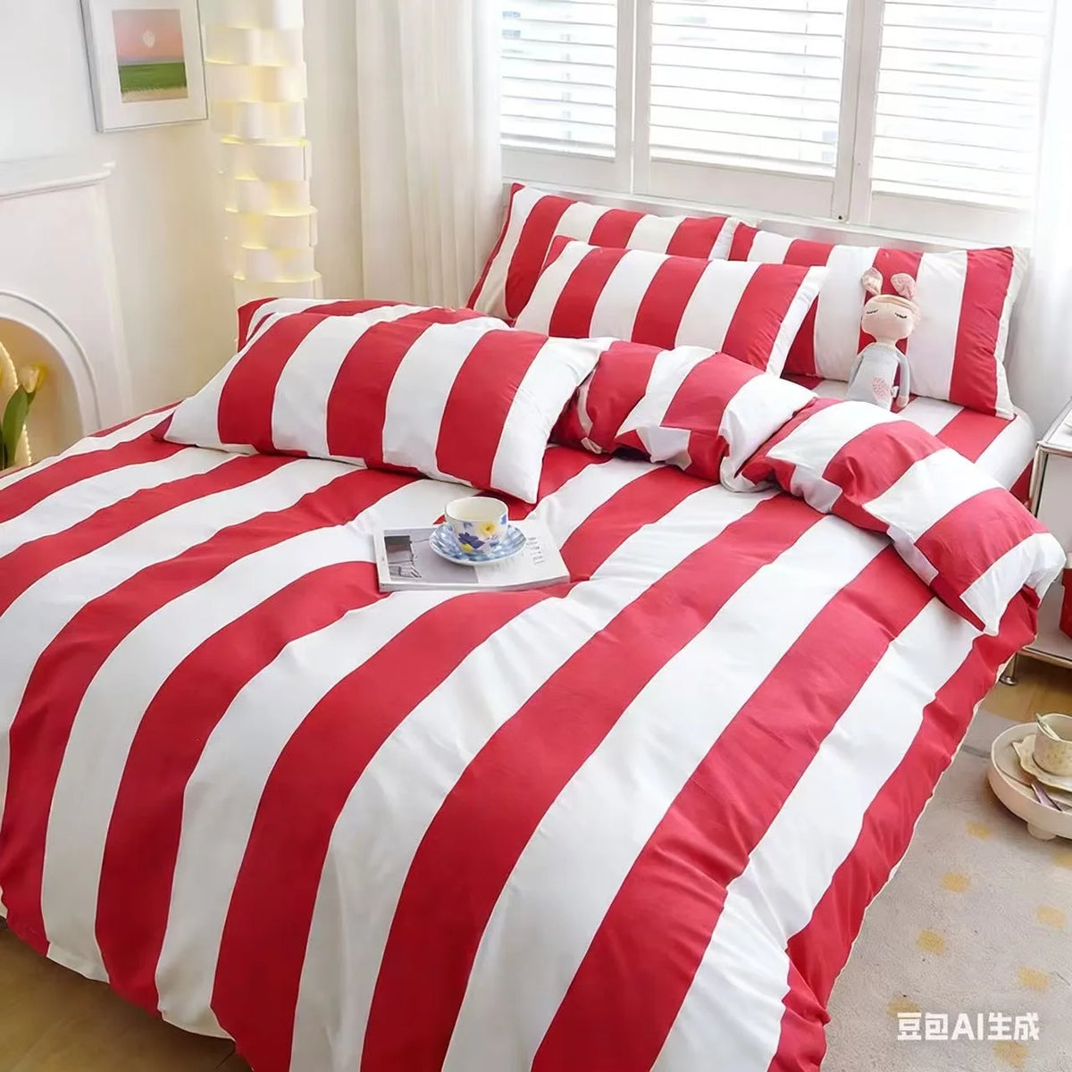 A red and white striped duvet cover set featuring a duvet, pillow, and sham on a bed.
